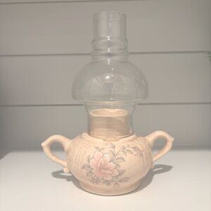 McCoy Pottery 1970s Ceramic Hurricane Lamp Glass Shade Candle Holder Pink Floral